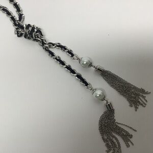 NWT White House Black Market silver chain, black ribbon lariat necklace